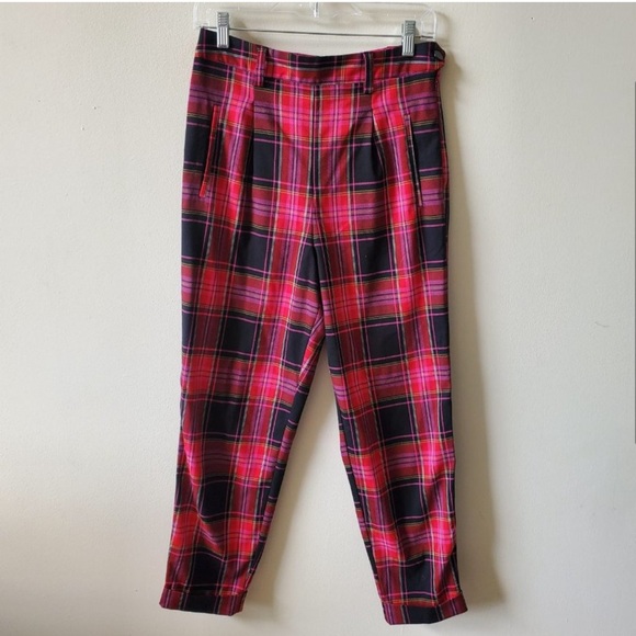 Topshop Womens Pink Tartan Plaid Hi Rise Pants Size 6 - Picture 3 of 6